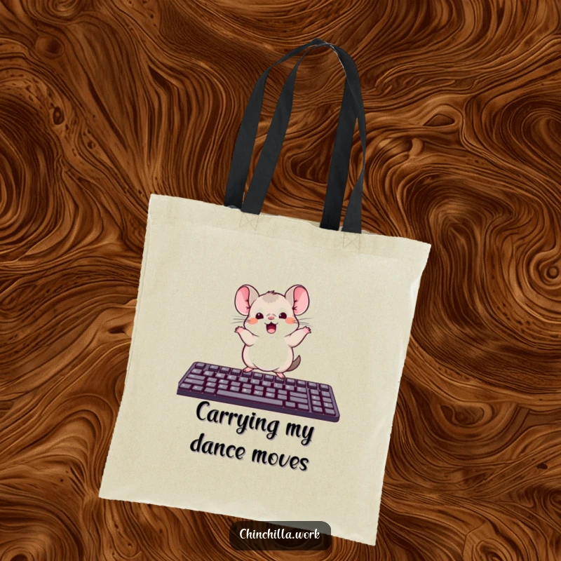 Funny tote bag showcasing a kawaii office chinchilla dancing energetically on a computer keyboard, a mobile piece of joy.
