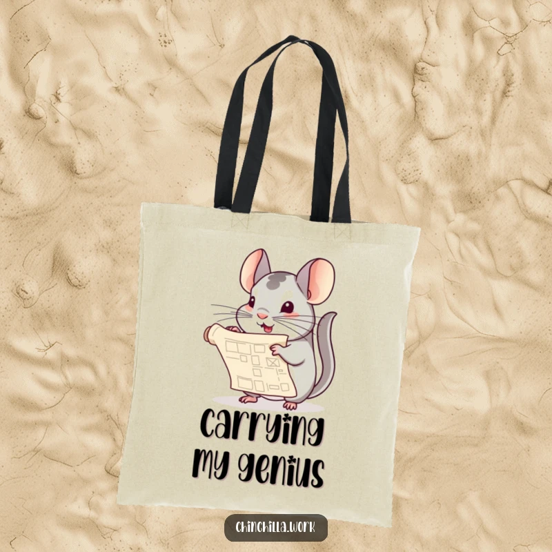 Funny Chinchilla Tote Bag: A chinchilla playfully unfurls a small rolled blueprint document, ready to embark on a grand project.