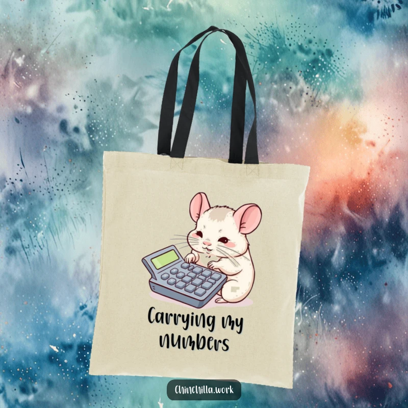 Funny chinchilla tote bag showing a rodent focused on a giant calculator, great for carrying work items humorously.