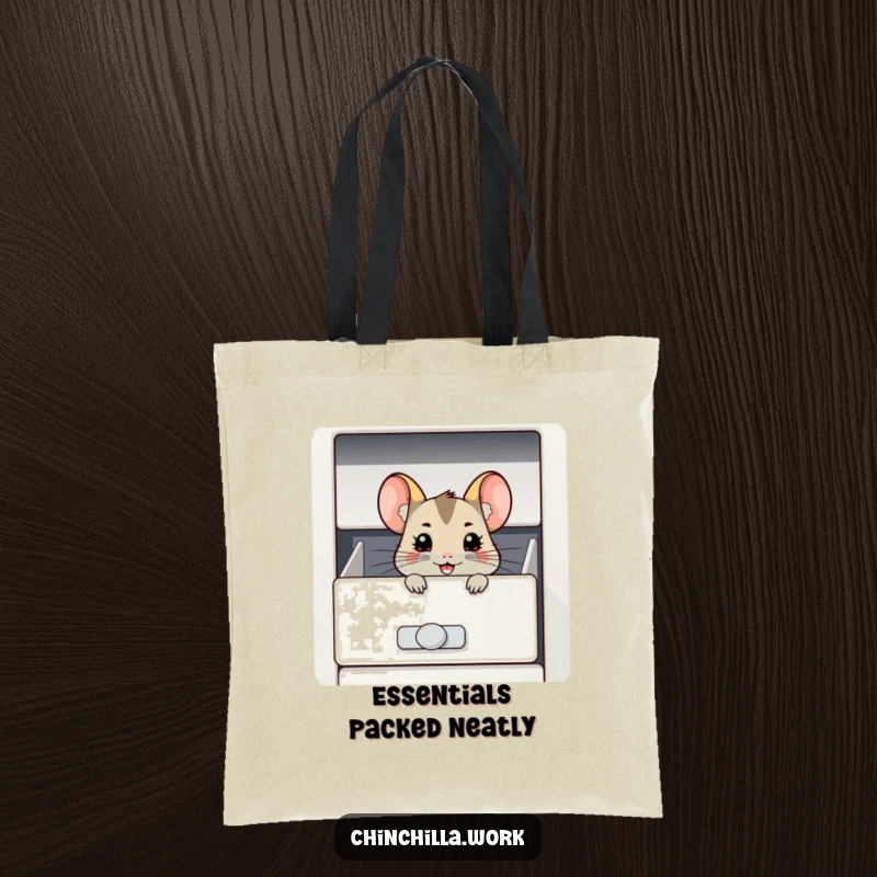 Funny Chinchilla Tote Bag: A chinchilla with a wide, cheeky grin peeks out from an open filing cabinet drawer, ready for adventure.