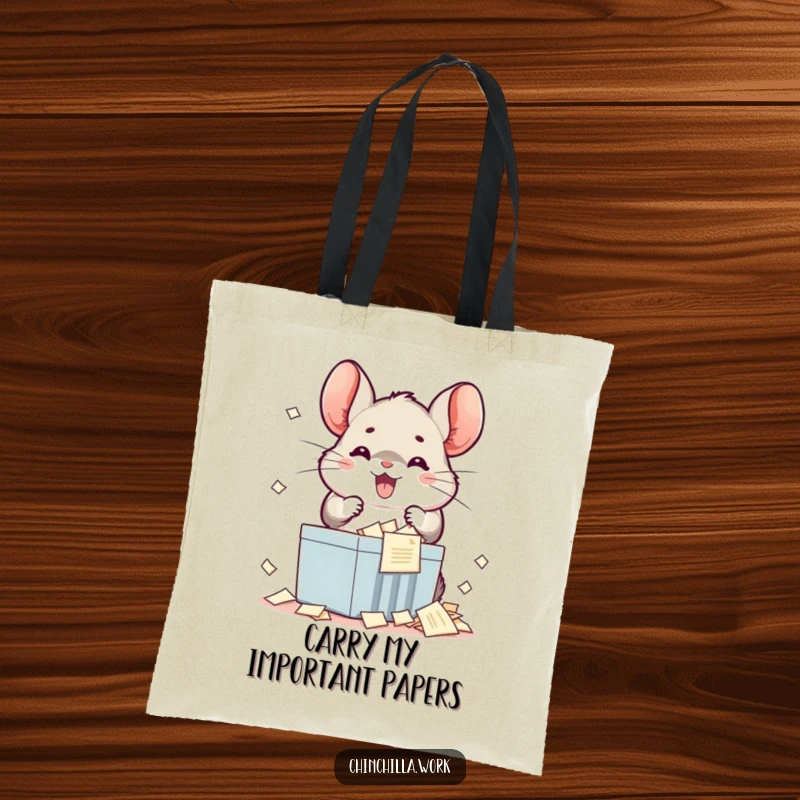 Funny kawaii chinchilla tote bag depicting a happy character enthusiastically shredding documents, a symbol of productive mayhem.