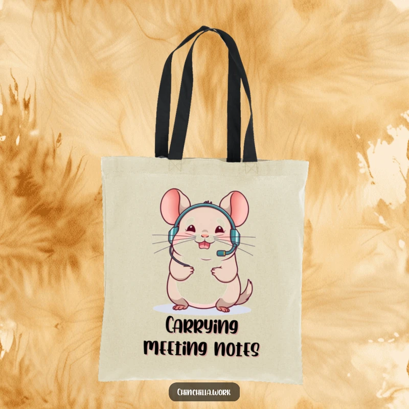 Funny chinchilla tote bag showing a rodent in a headset leading a virtual meeting, great for carrying work items.