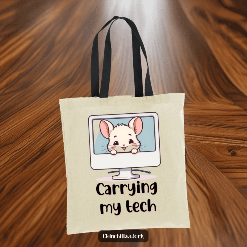 Funny tote bag with a chinchilla peeking from behind a computer monitor with a smile, perfect for tech essentials.