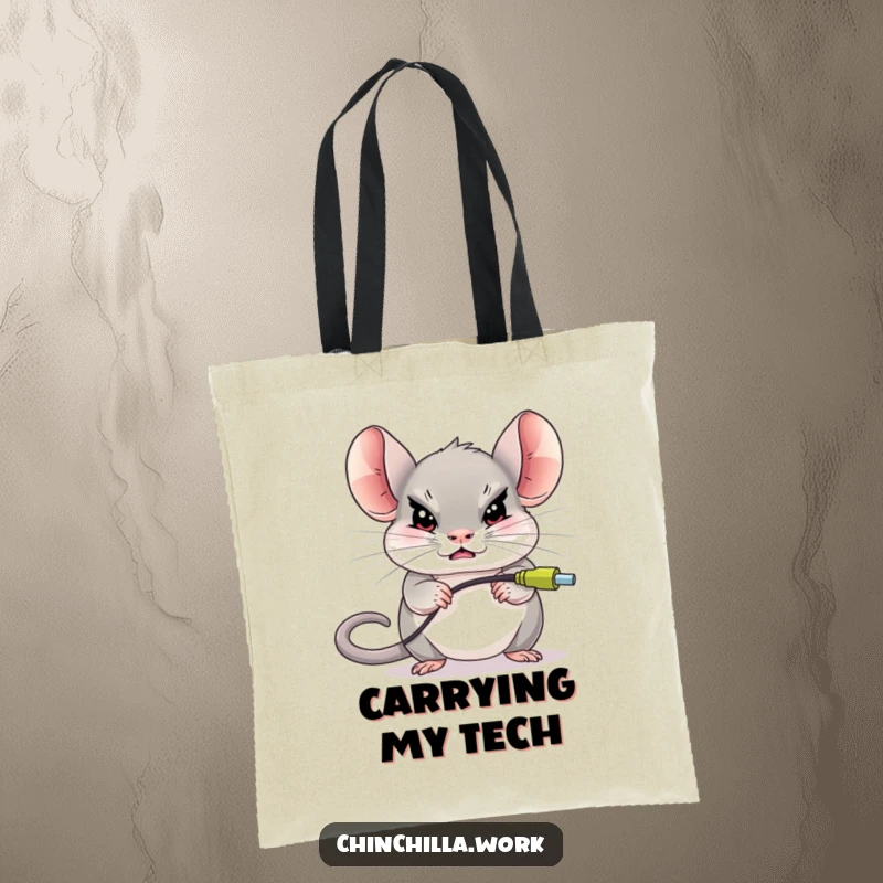 Funny chinchilla character determinedly unplugging a giant computer mouse, depicted on a durable tote bag for tech enthusiasts.