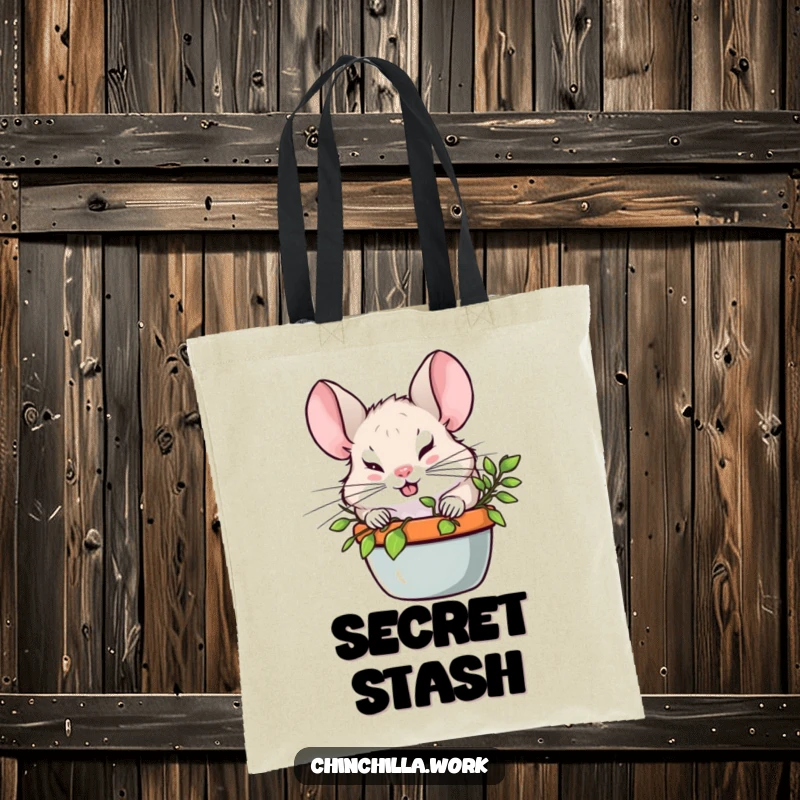 Funny Chinchilla peeking out with a cheeky grin from behind a potted plant on a tote bag, a design full of playful secrets.