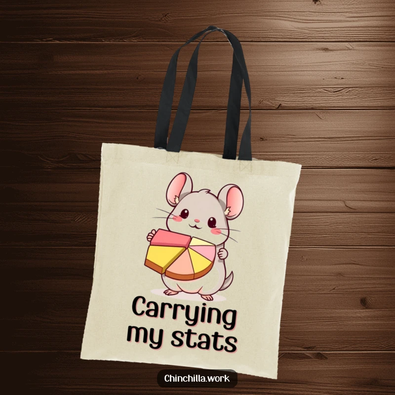 Funny kawaii chinchilla character energetically presenting a colorful pie chart, printed on a practical tote bag for cute organization.