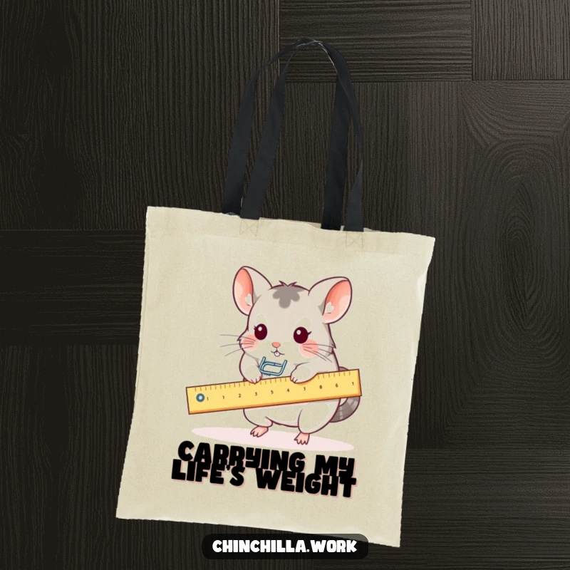 Funny tote bag with a kawaii office chinchilla creatively using a ruler as a seesaw for a paperclip, a desk delight.
