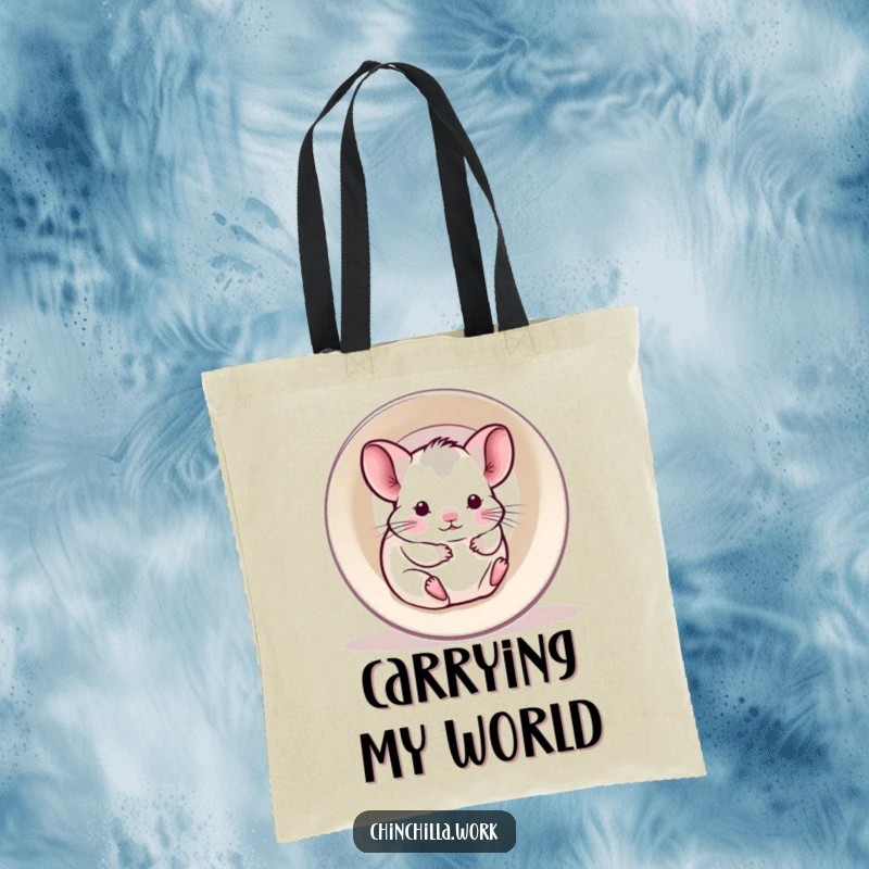 Funny tote bag with a kawaii office chinchilla happily rolling inside a hollowed-out printer paper roll.
