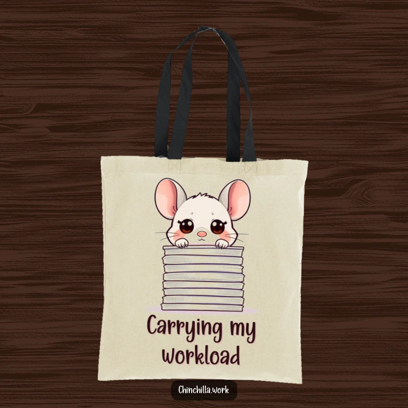 Funny office chinchilla tote bag, peeking over papers, perfect for carrying work essentials with cute and humorous charm.
