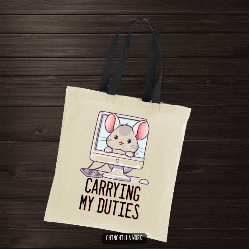 Funny tote bag featuring a kawaii office chinchilla peeking out from behind a computer monitor, adding workplace cuteness.