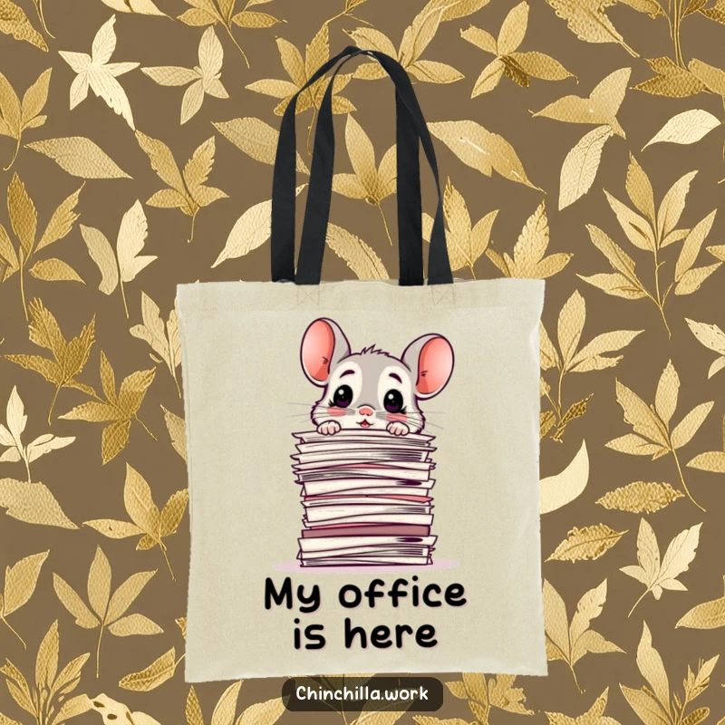 Funny Tote Bag: Chinchilla looking surprised and baffled while peeking over a mountain of office papers, a humorous carryall.