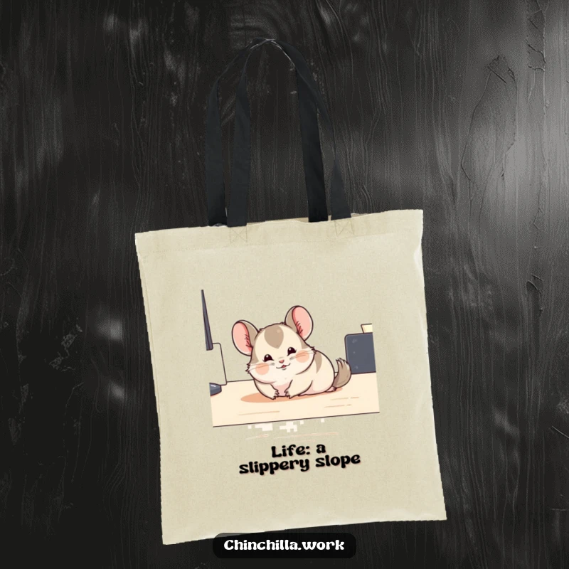 Funny sliding chinchilla tote bag capturing a chinchilla comically gliding across a desk, perfect for carrying essentials with humor.