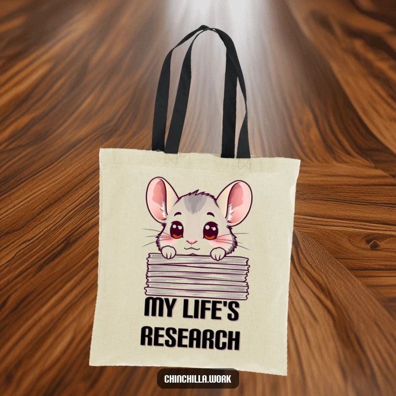Funny chinchilla tote bag with a chinchilla peeking with big, curious eyes from behind a stack of documents, ideal for carrying books or groceries.