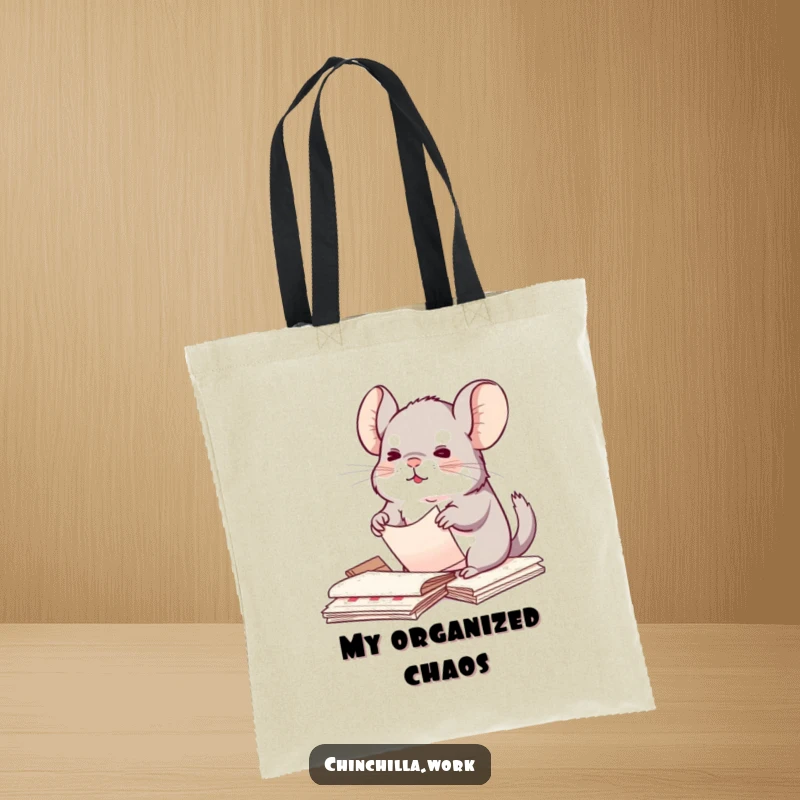 Funny Kawaii Chinchilla Tote Bag: Depicts a chinchilla organizing papers, perfect for carrying essentials with cute order, a funny gift.