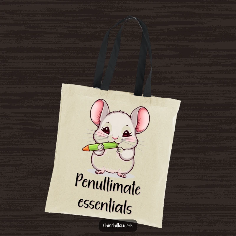 Funny chinchilla tote bag showcasing a determined rodent destroying a colorful pen, a practical and humorous accessory.