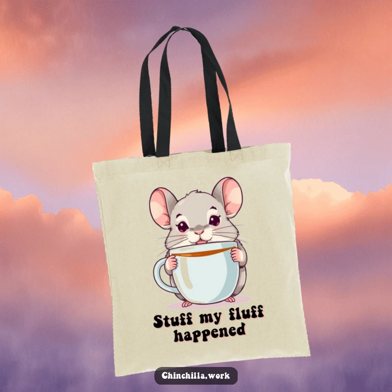 Funny chinchilla tote bag featuring a wide-eyed chinchilla with a comically oversized coffee mug, ready for any adventure.